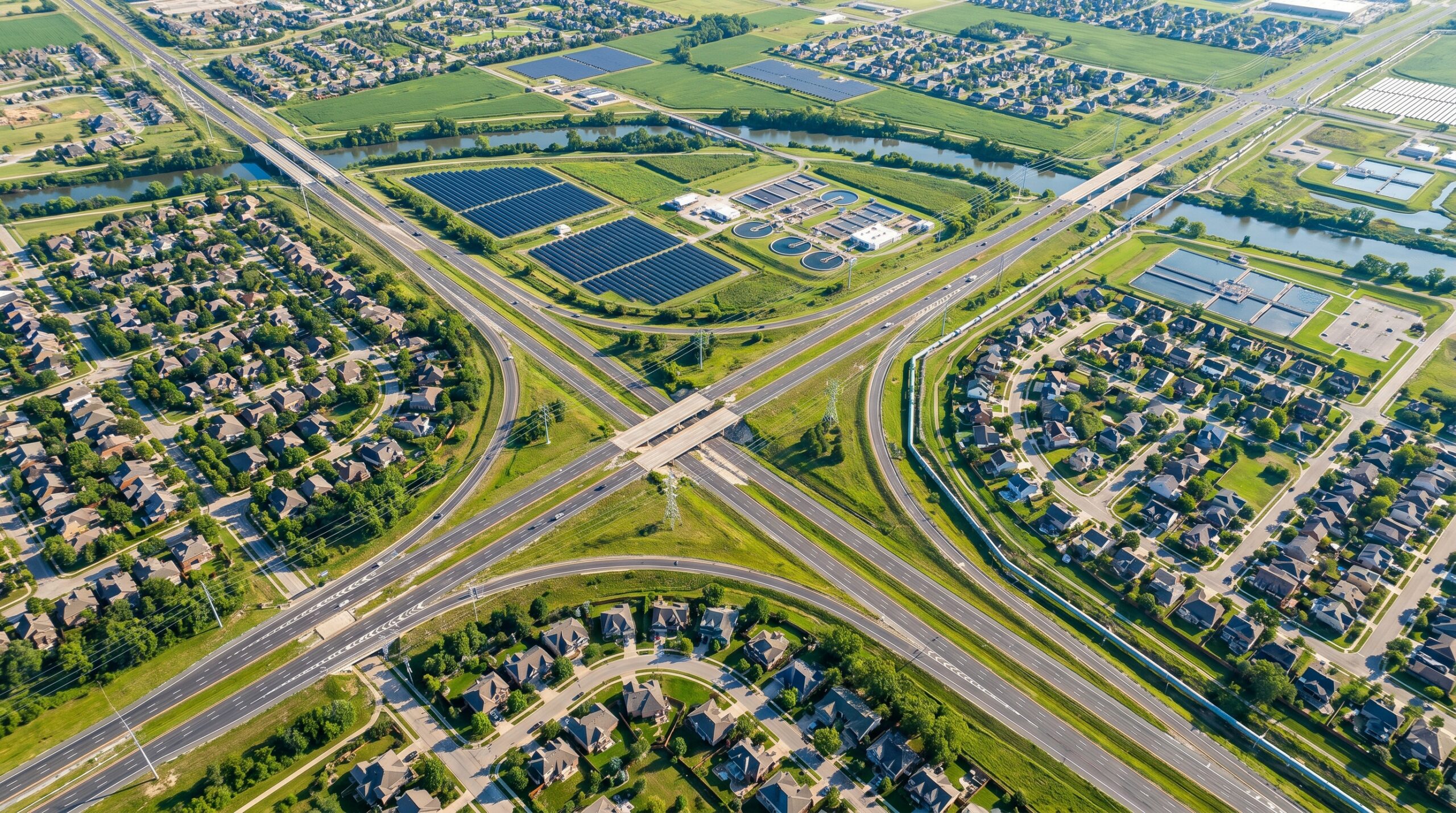Aerial view of highways, a water treatment plant, and homes, public infrastructure eligible for special district reimbursement